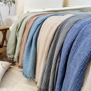 Muslin Blanket Muslin Throw Blanket 4 Layers Bedspread Soft 100% Turkish Cotton Muslin Bed Cover Reversible Coverlet Size Options