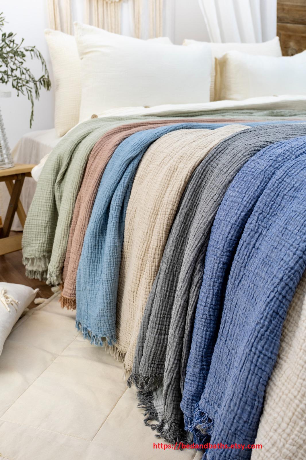 Muslin Blanket Muslin Throw Blanket 4 Layers Bedspread Soft 100% Turkish Cotton Muslin Bed Cover Reversible Coverlet Size Options