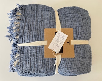 Indigo Blue Muslin Blanket – 4 Layer 100% Cotton Gauze Throw, Soft Muslin Bed Cover, Adult Bedding with Size Options