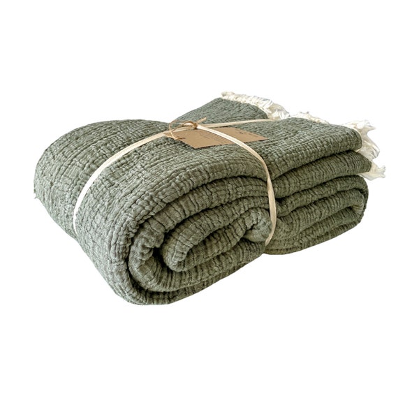 Musselin-Überwurfdecke aus 100 % Baumwolle, 4-lagige Tagesdecke, weiche türkische Baumwolle, Musselin-Bettdecke, wendbar, Tagesdecke, grün
