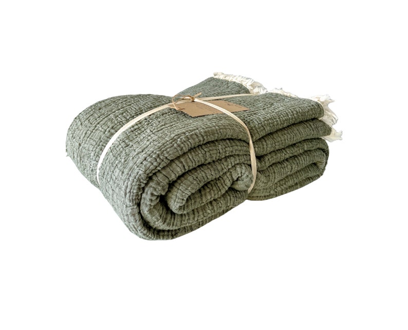 100% Cotton Muslin Blanket Throw 4 Layers Bedspread Soft Turkish Cotton Muslin Bed Cover Reversible Coverlet Olive Drab with Size Options