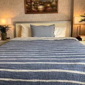 Muslin Bed Cover 100% Cotton Striped Muslin Throw Blanket 4 Layers Bedspread Soft Turkish Cotton  Reversible Coverlet Indigo Blue OEKO-TEX