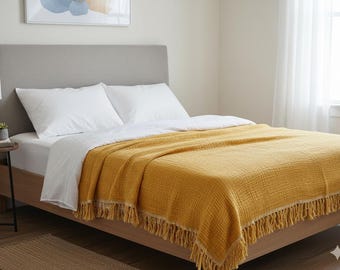 Muslin Bedspread – 4 Layer Mustard Cotton, Soft, Cozy, Wedding & Housewarming Gift 91x95 inch