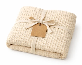Beige Waffle Muslin Blanket 100% Cotton Gauze Bedspread Soft Breathable Lightweight Bed Cover