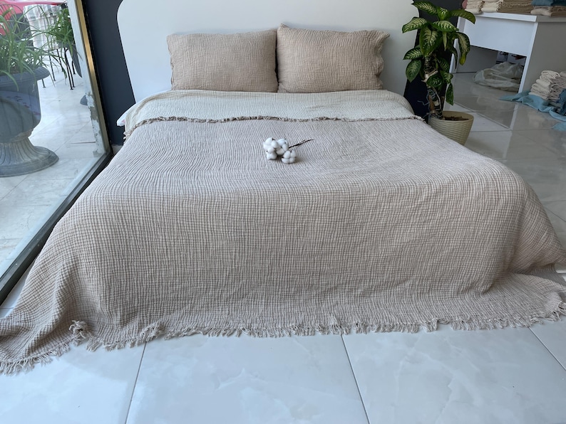Sand Beige Muslin Throw Blanket 100% Cotton Gauze Bed Cover Soft Breathable Lightweight Quilt image 2
