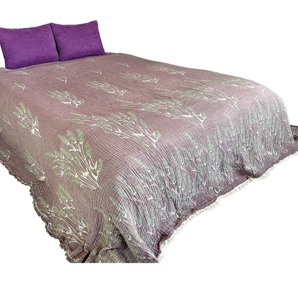 100% Cotton Muslin Blanket Throw 4 Layers Bedspread Turkish Cotton Gauze Reversible Coverlet Full / Queen Size Plump Purple 230x240cm 90x95"
