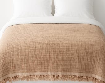 Muslin Bedspread – 4 Layer Beige Cotton, Soft, Cozy, Wedding & Housewarming Gift 91x95 inch