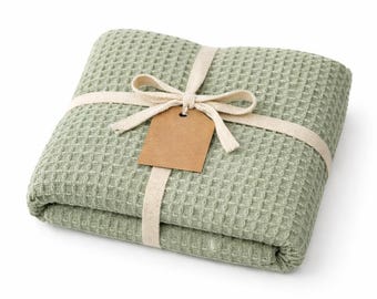 Sage Green Waffle Muslin Blanket 100% Cotton Gauze Bedspread Soft Breathable Lightweight Bed Cover