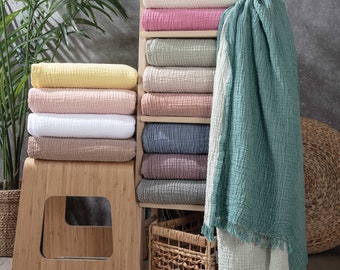 Couverture en mousseline de coton 100 %, couvre-lit 4 couches, coton turc doux, couvre-lit en mousseline, réversible, couvre-lit, vison