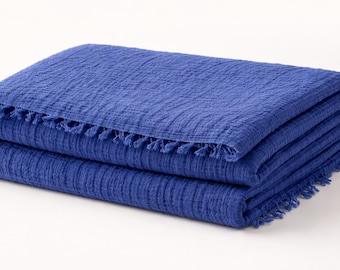 Indigo Blue Muslin Blanket 4 Layer Turkish Cotton Gauze Bed Cover Soft Breathable Lightweight Bedspread