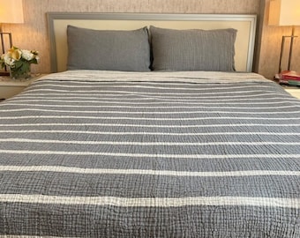 Striped Muslin Bed Cover, 100% Cotton Throw Blanket, Soft Gauze Bedspread, Farmhouse Boho Bedding