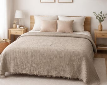 Sand Beige Muslin Throw Blanket 100% Cotton Gauze Bed Cover Soft Breathable Lightweight Quilt