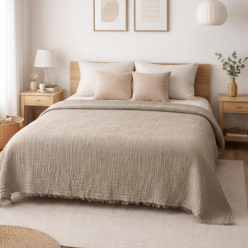 Sand Beige Muslin Throw Blanket 100% Cotton Gauze Bed Cover Soft Breathable Lightweight Quilt image 1