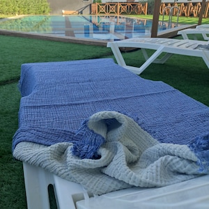 Muslin Beach Towel 100% Turkish Cotton, Four Layers, Soft Gauze Reversible Coverlet Indigo Blue 35x65&quot; inches (90x170cm)