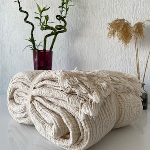 Ivory Muslin Blanket – Reversible 4 Layer Bedspread, 100% Soft Turkish Cotton Muslin Throw, Coverlet for All Seasons, Size Options