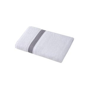 May include: A white bath towel with a gray stripe down the center.