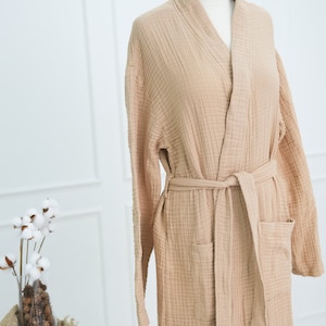 Muslin Bathrobe Unisex 4 Layers, Turkish 100% Cotton, Hooded, Gauze Soft, Spa, Absorbent, Long Robe Pockets, Natural Dressing Gown, Beige