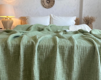 Salviagrönt muslin-täcke: 100 % turkisk bomull, lätt överkast