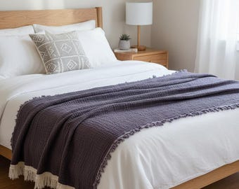 Muslin Bedspread – 4 Layer Plum Colour Cotton, Soft, Cozy, Wedding & Housewarming Gift 91x95 inch