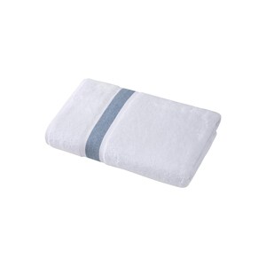May include: A white bath towel with a blue stripe across the middle.