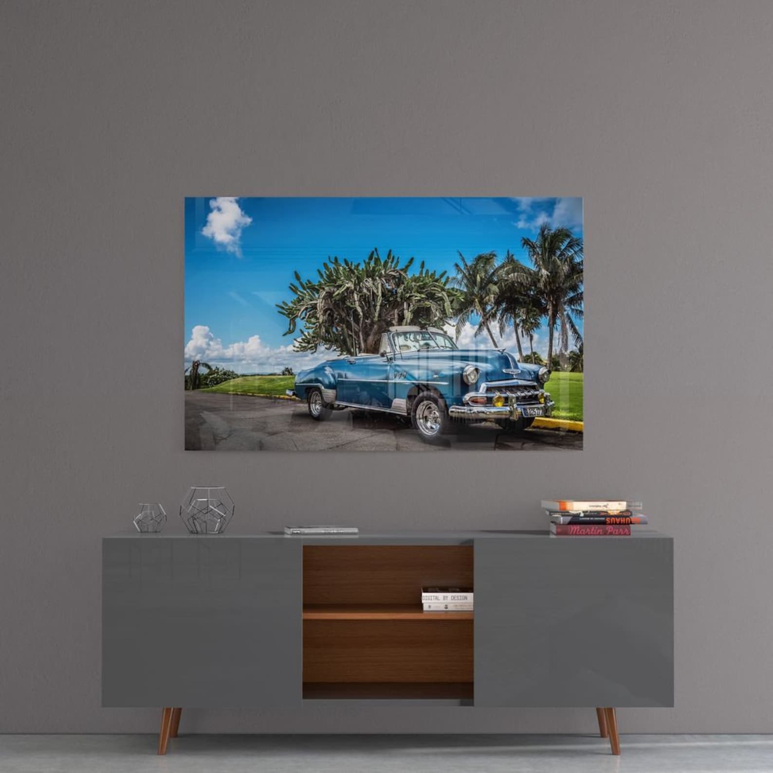 Glass Wall Art Vintage Car Blue Themed Wall Decor Home Living Etsy