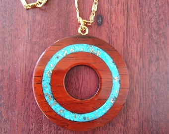 Wooden pendant with turquoise inlay and 18 carat gold chips. Turquoise necklace. 5 year anniversary gift for wife.