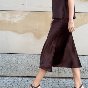 Brown Silk Slip Midi Skirt - Elastic Waistband - Elegant Rich Brown Silk Satin Skirt - Stylish Slip Skirt