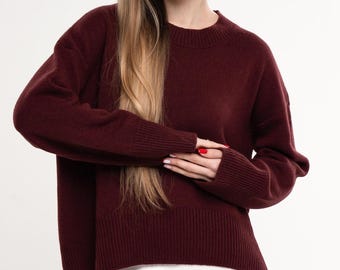 Luxe kasjmiertrui voor dames, 100% puur kasjmiergebreid, bordeauxrode designertrui, tijdloos minimalistisch breiwerk