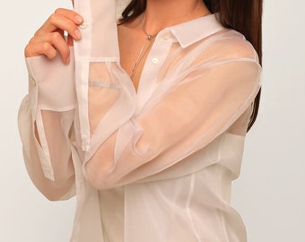 Blusa de organza de seda blanca: Camisa de boda transparente de manga larga