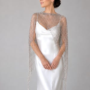 Silver sequin bridal shawl hand knitted from Italian yarn, elegant wedding wrap for brides and special occasions.