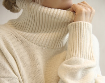 Weißer Kaschmirpullover mit Stehkragen und seitlichen Schlitzen, für Frauen, Einheitsgröße