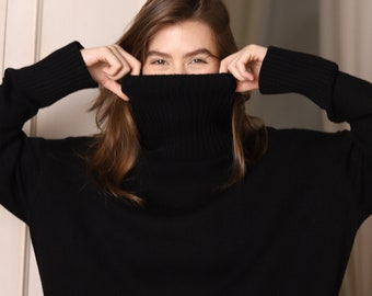 Black Cashmere Sweater for Women with  Side Slits - Oversize Knitwear
