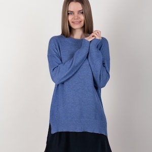 Blue cashmere knit sweater with side slits one size up image 1