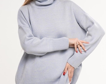 Oversized Merino Wool Turtleneck Sweater in Sky Blue with Relaxed Fit