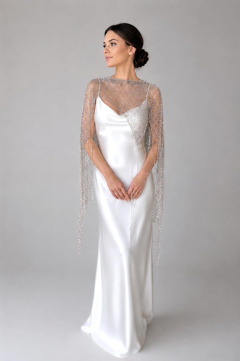 Silver sequin bridal shawl hand knitted from Italian yarn, elegant wedding wrap for brides and special occasions.