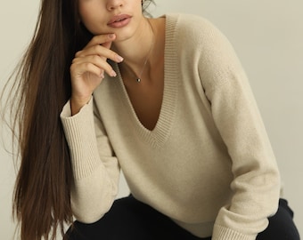 Beige Cashmere pullover for women, 100% PURE CASHMERE, one size