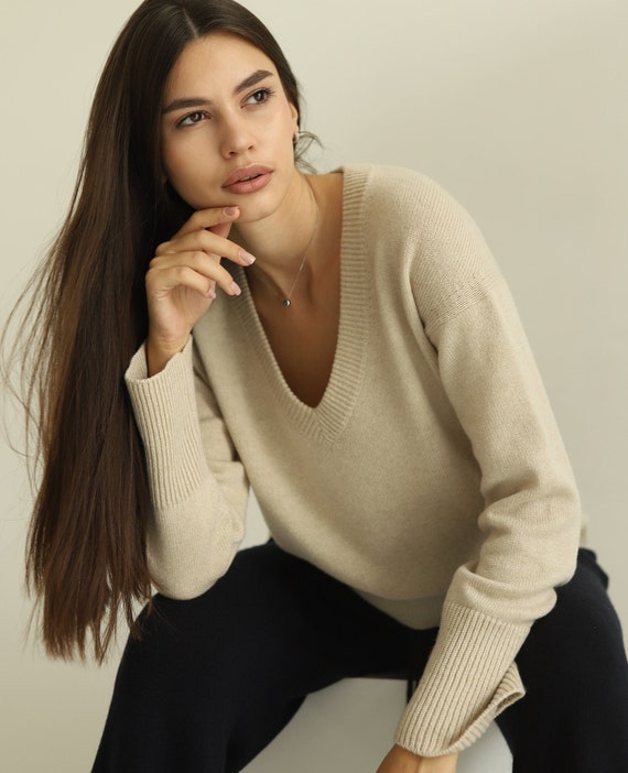 Beige Cashmere pullover for women, 100% PURE CASHMERE, one size