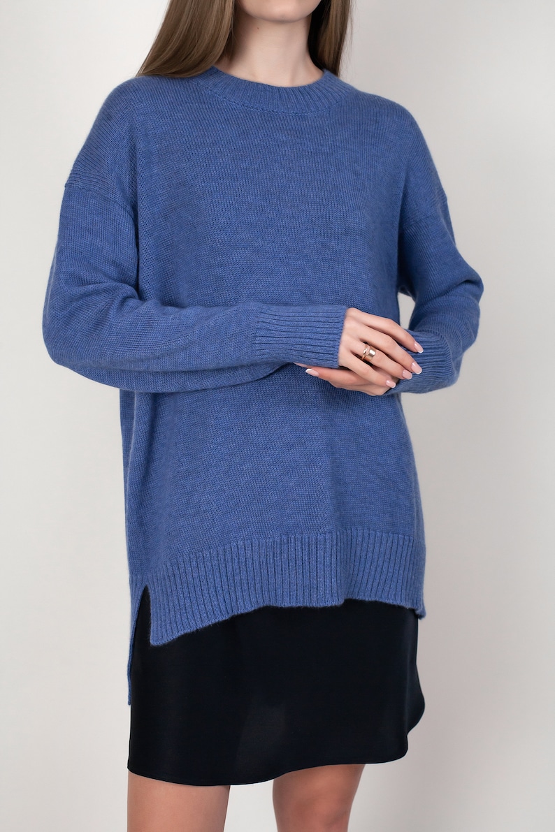 Blue cashmere knit sweater with side slits one size up image 7