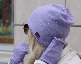 Cashmere Hat and Mitts Set: Sequin Knitwear