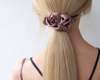 Elastico per capelli in pura seta di gelso, taglia grande, colore tortora, regalo di lusso