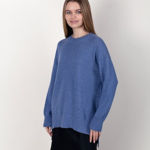 Blue cashmere knit sweater with side slits one size up image 3