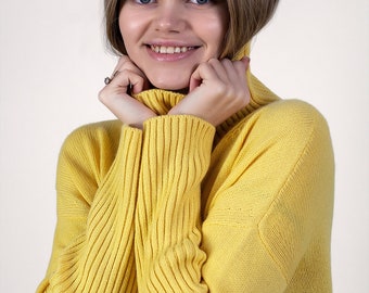 Yellow cashmere sweater for women with ribbed trim and side slits - soft and cozy for cooler weather,  oversize