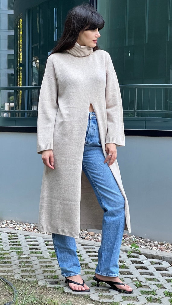Beige Cashmere Wool Knit Dress: Oversize Midi Tunic