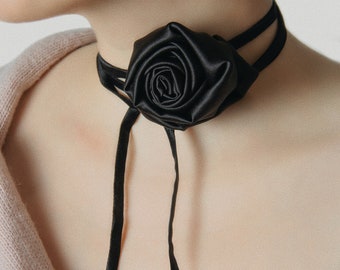 Black rose silk choker, Floral choker, Gifts for Her