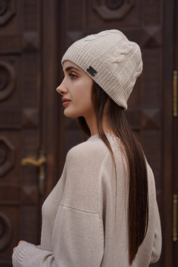 Handmade cashmere beanie Handmade Crochet Cashmere Beanie for Women Cashmere Knit Hat main image 4