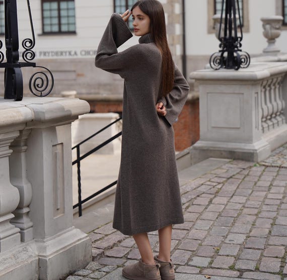 Oversized Long Cashmere Sweater Dress High Neck in Natural Brown Melange - Etsy Israel Oversized Long Cashmere Sweater Dress High Neck in Natural Brown Melange - Etsy Israel