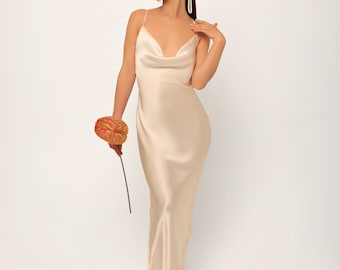 Ivory Silk Wedding Dress: Open Back Cowl Neck Bridal Gown