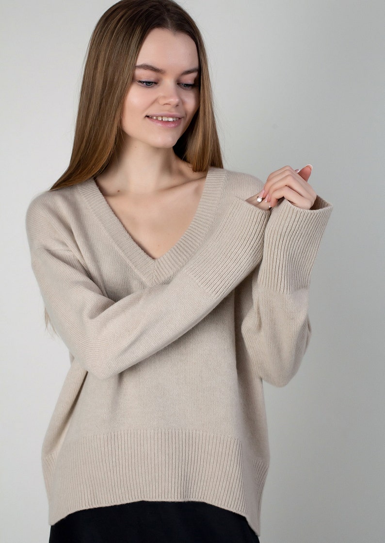 Jersey de cachemira beige para mujer, 100 % cachemira pura, talla única imagen 9