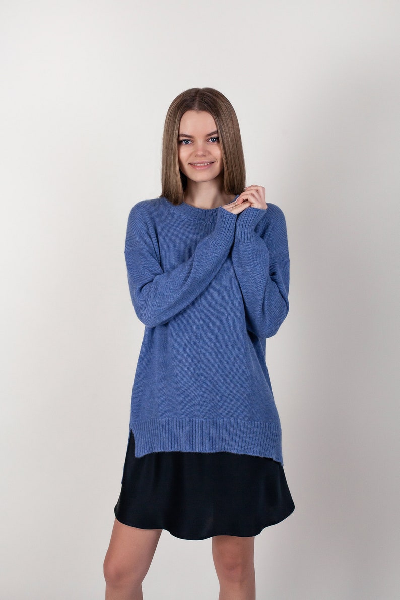 Blue cashmere knit sweater with side slits one size up image 1