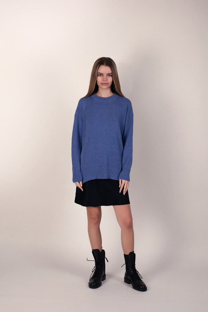 Blue cashmere knit sweater with side slits one size up image 2